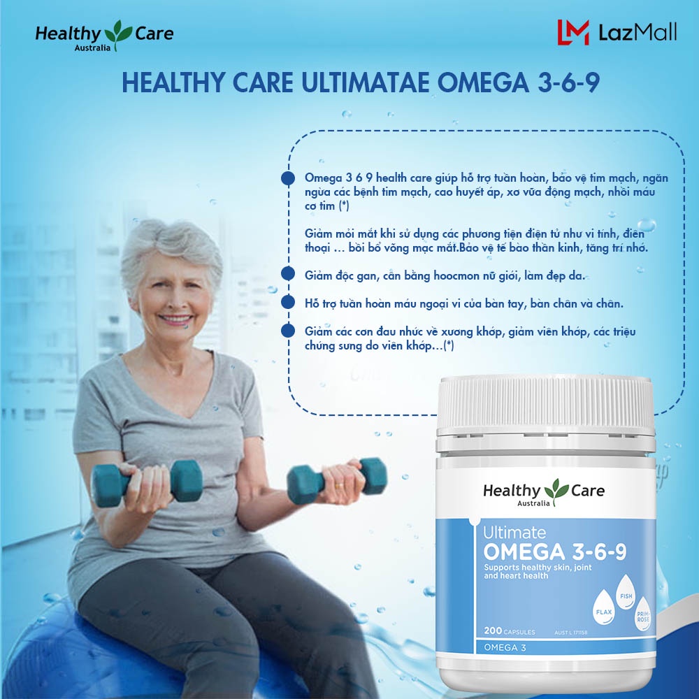 Viên uống omega 3-6-9 Ultimate Healthy Care tăng cường thị lực, hỗ trợ tim mạch, huyết áp và trí não của Úc 200 viên