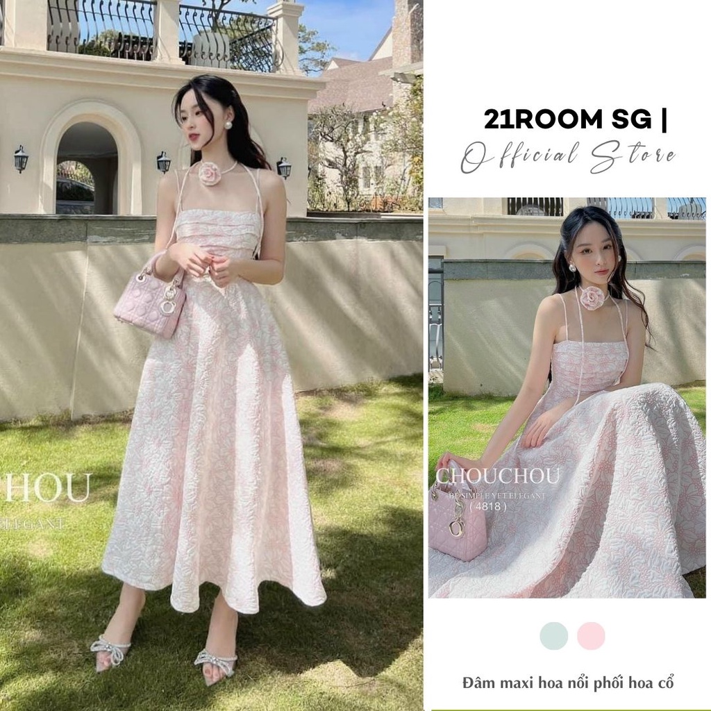 Đầm Hai Dây Maxi Dự Tiệc Dáng Xòe Xếp Ly Ngực Kèm Dây Hoa Cổ, Đầm Công Chua Hoa Nhí Mùa Hè Đi Biển Xinh
