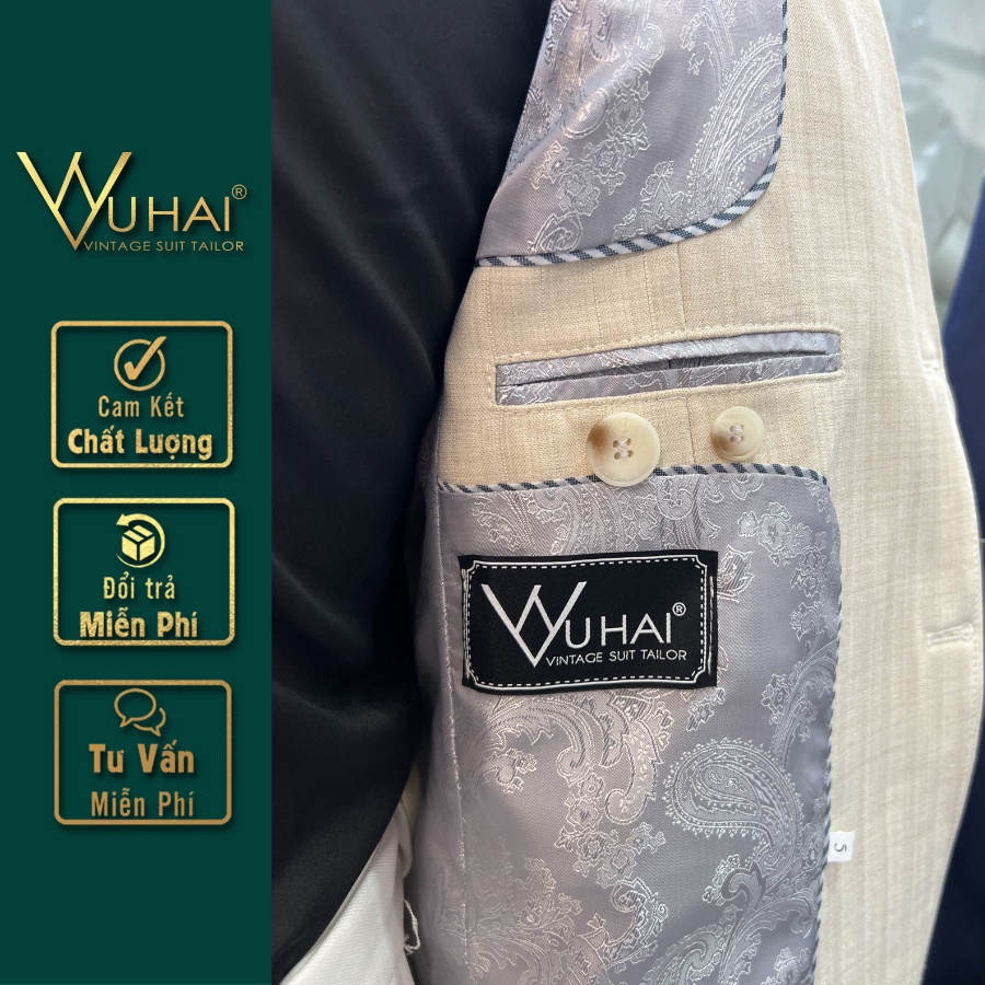 Áo Khoác Vest Màu Kem Nhạt, Chất Liệu Xatin Xước 2 Cúc, Túi Ốp Trẻ Trung-VuHai