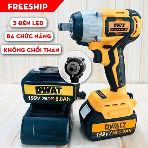 Máy siết Bulong Dwalt 199V 3 đèn, 3 chức năng, KHÔNG CHỔI THAN 2 PIN 199V - Siết bulong Dewatl mở ốc, siêt ốc