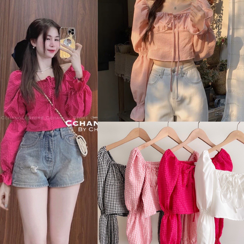 Áo Croptop Kẻ Tay Chun Bồng Dáng Vintage, Full 4 Màu, Freesize Dưới 57kg