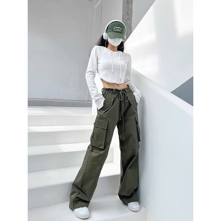 Quần Cargo Pants túi hộp ống rộng phối dây rút eo vải Kaki mềm phong cách thời trang Uniex Streetwear