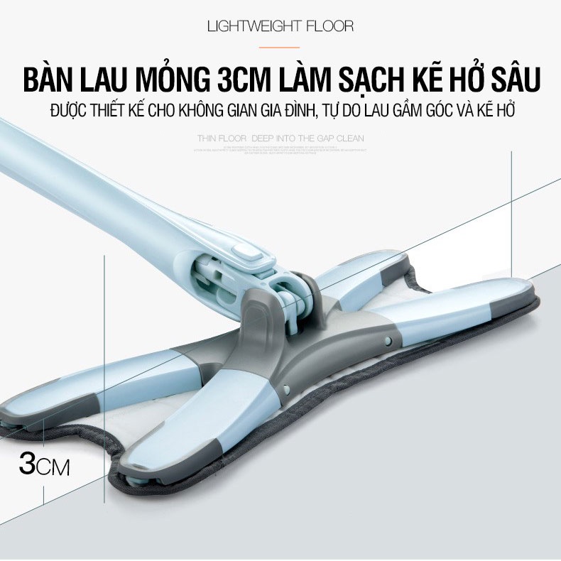 Cây lau nhà tự vắt Kitimop-DRY hình chữ X, lau khô và lau ướt, thanh thép không gỉ, khớp xoay 360 độ, 2 bông lau