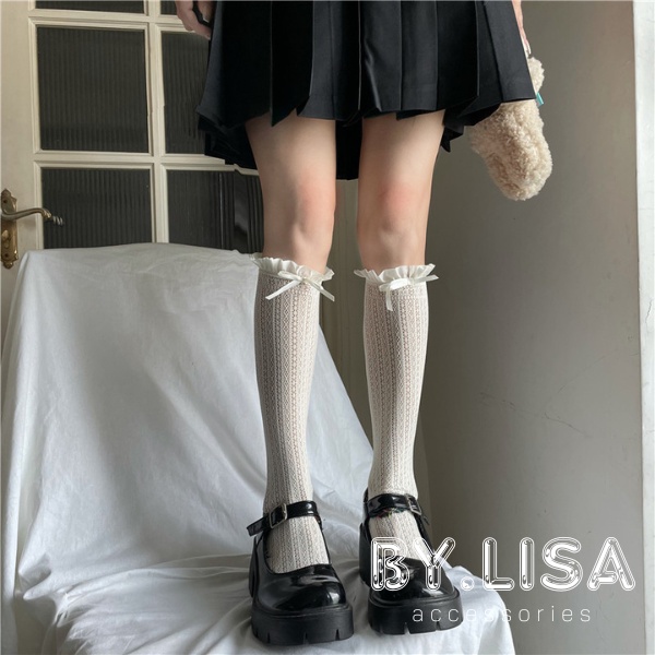 Tất bắp chân đính nơ Lolita đính nơ, Tất lưới JK cosplay Cao Cấp, tất màu trắng phong cách Nhật Bản đáng yêu TG04