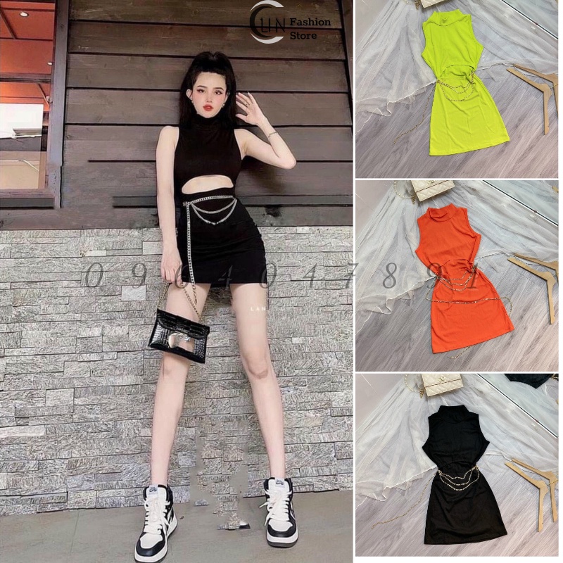 Đầm Body Khoét Eo C47 Đính Dây Xích Mặc Được 2 Mặt Trước Sau Cá Tính - Đầm Nữ Body Khoét Eo Thời Trang Cho Nữ