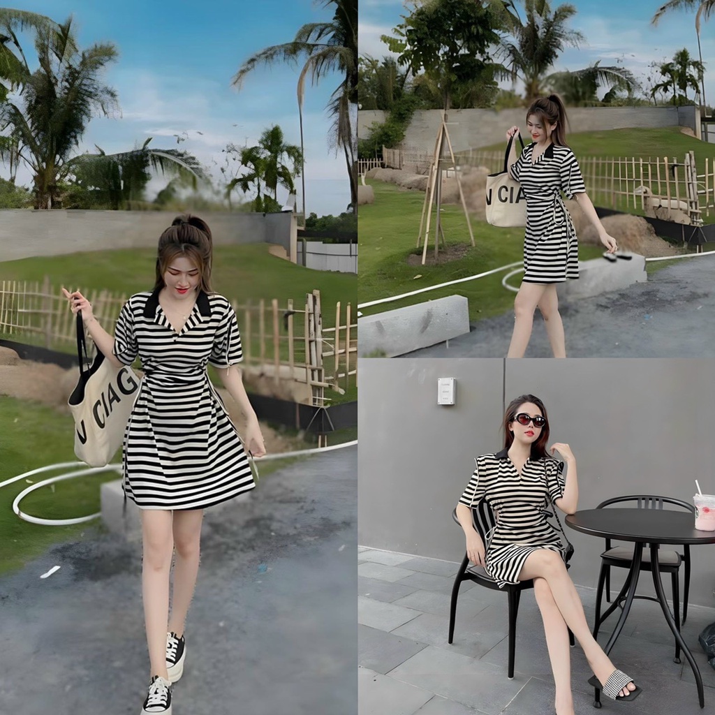 Đầm váy nữ kẻ sọc đen trắng rút dây eo ôm body dáng ngắn thích hợp cho các chị em đi dạo công viên