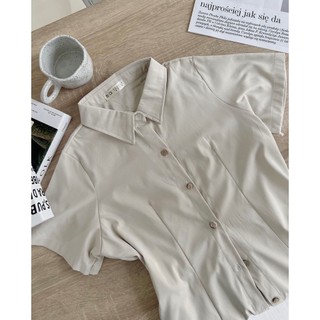 Đầm Váy Nữ Basic Cổ Sơ Mi Cài Cúc Chiết Eo Lưng Chun Cộc Tay