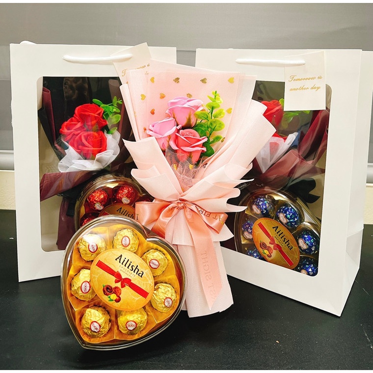 Combo Hoa Và Socola Nhân Sữa Ailisha Hộp Trái Tim - Quà Tặng Người Yêu Valentine, 8/3, 20/10