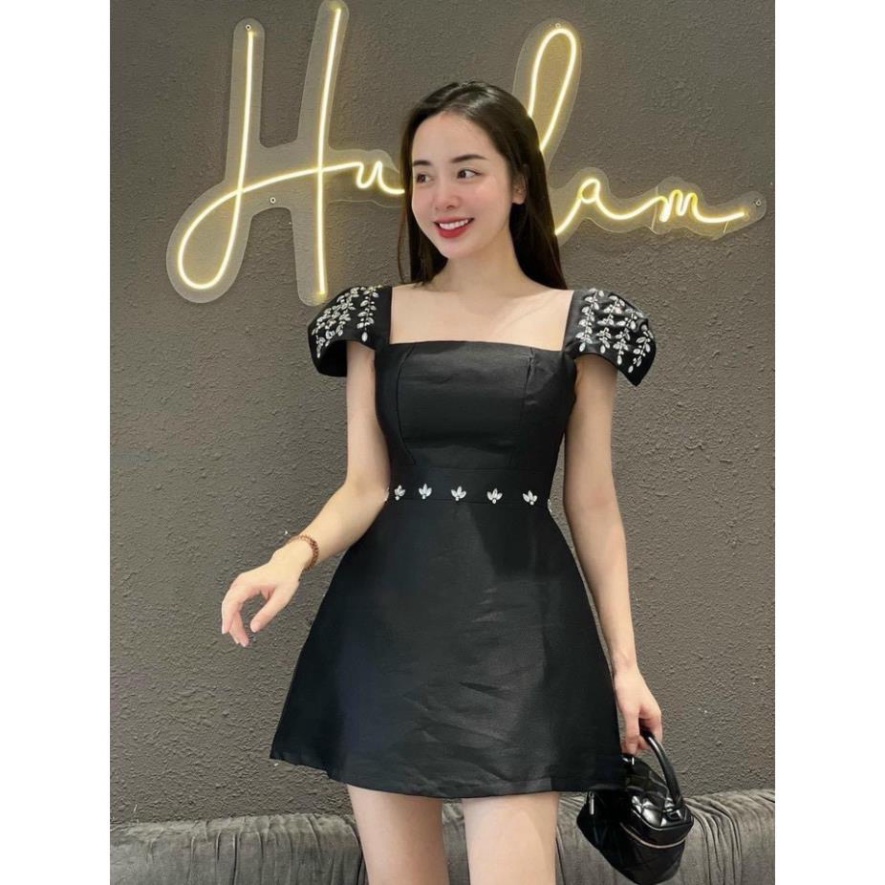 (Fom: <55kg) Đầm Đen Cổ Vuông Tay Tiên Vai Đính Đá Đầm Công Chúa,, Váy Công Chúa, Đầm Tiểu Thư JL53 | BigBuy360 - bigbuy360.vn