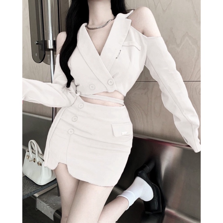 (Fom: <55kg) Set Crop Vest Cột Eo Hở Vai Chân Váy JL41 | BigBuy360 - bigbuy360.vn