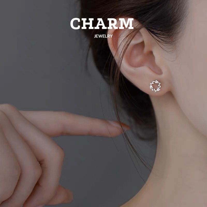 Khuyên Tai Vòng Nguyệt Quế Đính Đá Lấp Lánh Bạc 925