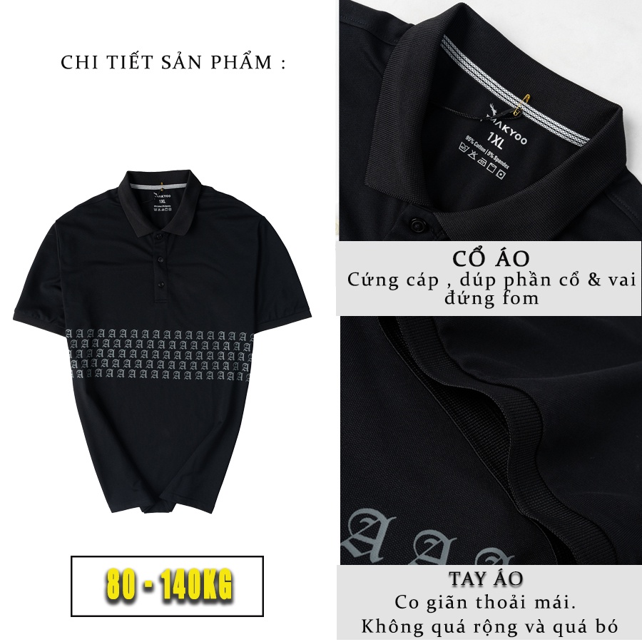 Áo Polo Bigsize 80-140KG AKYOO Cao Cấp Cotton Co Giãn, Thâm Hút Mồ Hôi, Áo Polo Bigsize - PL DEN IN CHU