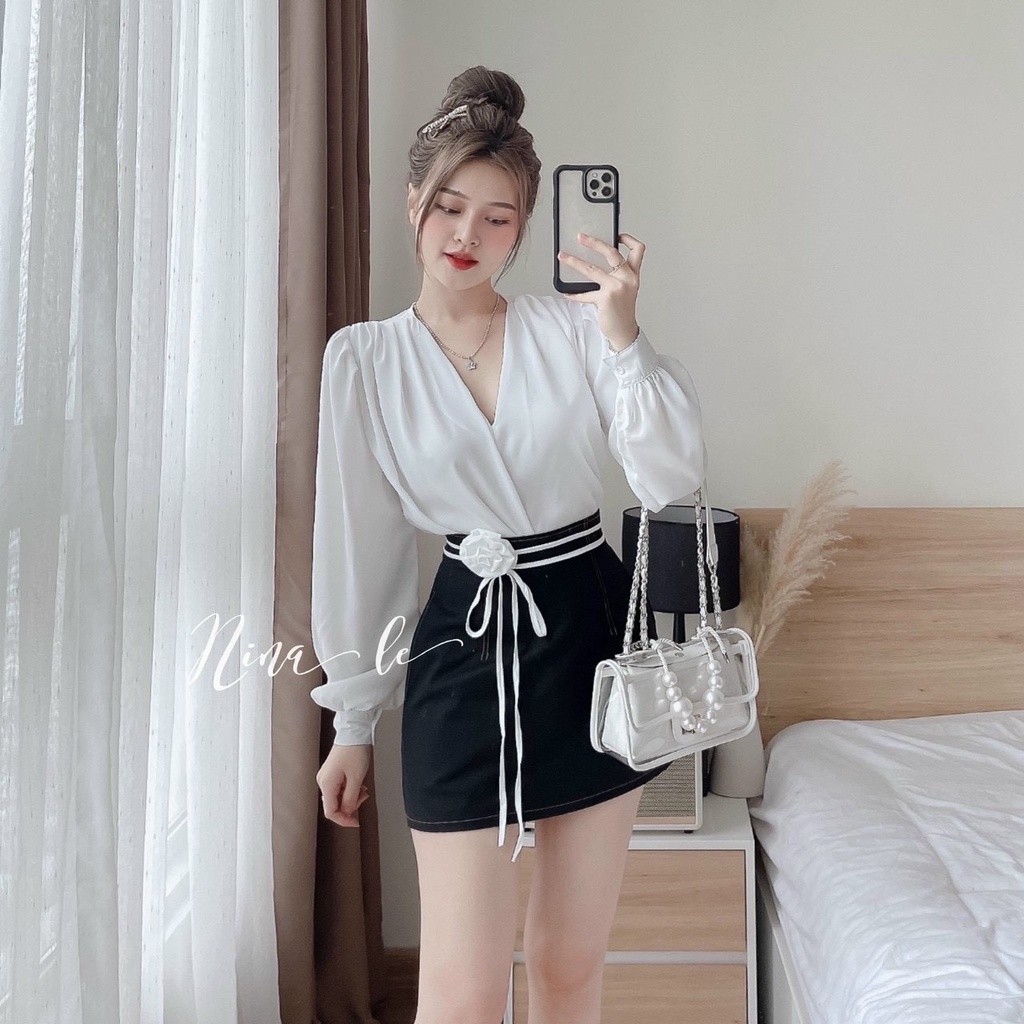 sét áo tay dài cổ tim chất tuyết nhung phối chân váy chữ a siêu xinh[có dây hoa buộc eo siêu xinh]