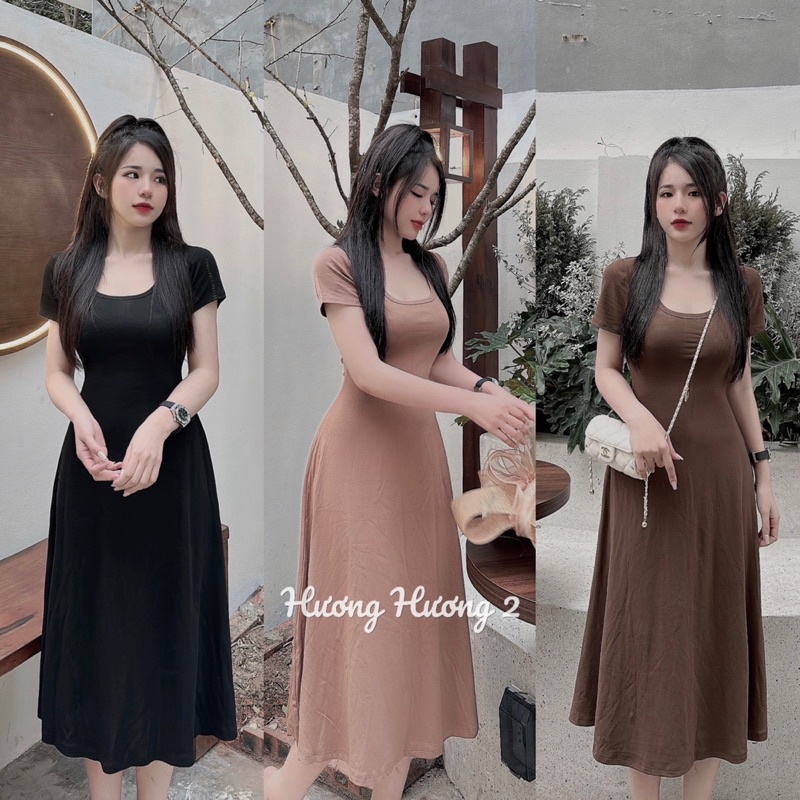 váy thun cổ u dáng dài xoè nhẹ hàng chuẩn chất thun zip đẹp