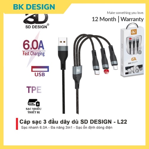 Cáp Sạc 3 Đầu L22 Đa Năng 3 in 1 Micro Type C Dây Bện Dù Siêu Bền Dùng Cho SS, Oppo, Xiaomi, Redmi BK Design L22..