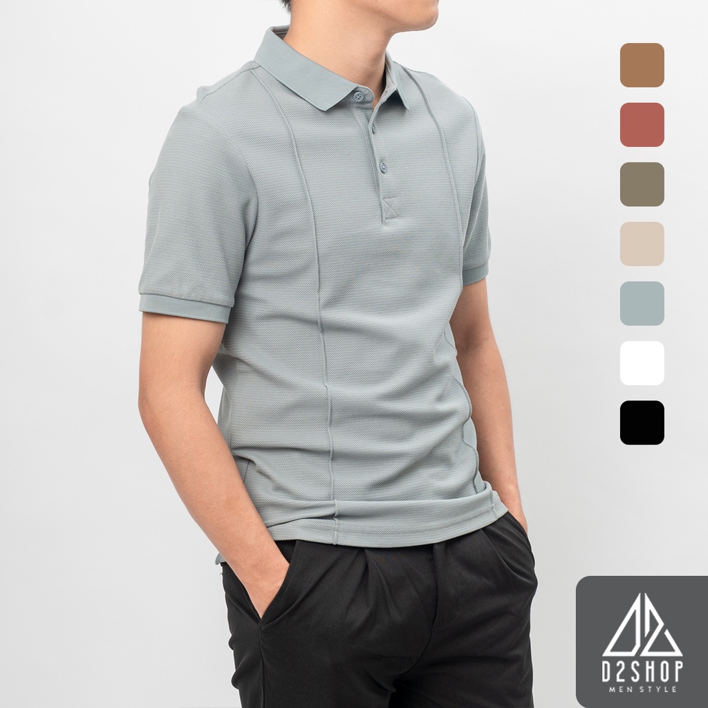 Áo thun polo nam D2shop, áo polo nam trơn vải dệt gân, 2 sọc nổi, màu xanh [B-0035]