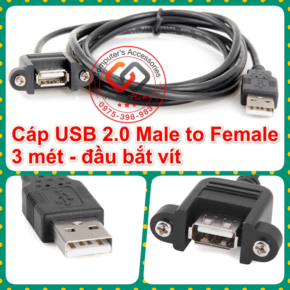 Cáp nối dài USB 2.0 Male to Female, 3m bắt vít. Cho máy tính PC, Laptop, máy tính nhúng thiết bị điện tử máy công nghiệp