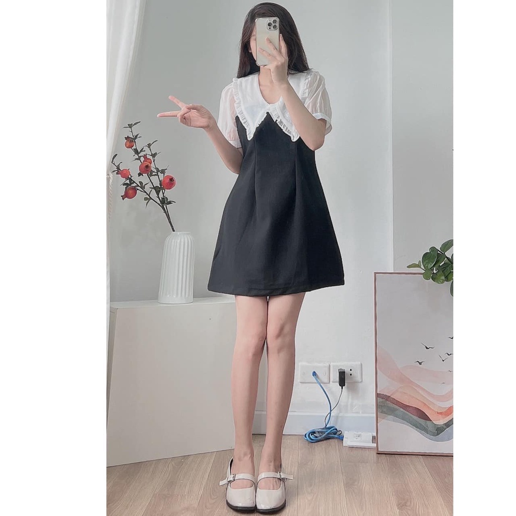 Váy Cổ Bèo Phối Tay Voan Ulzzang