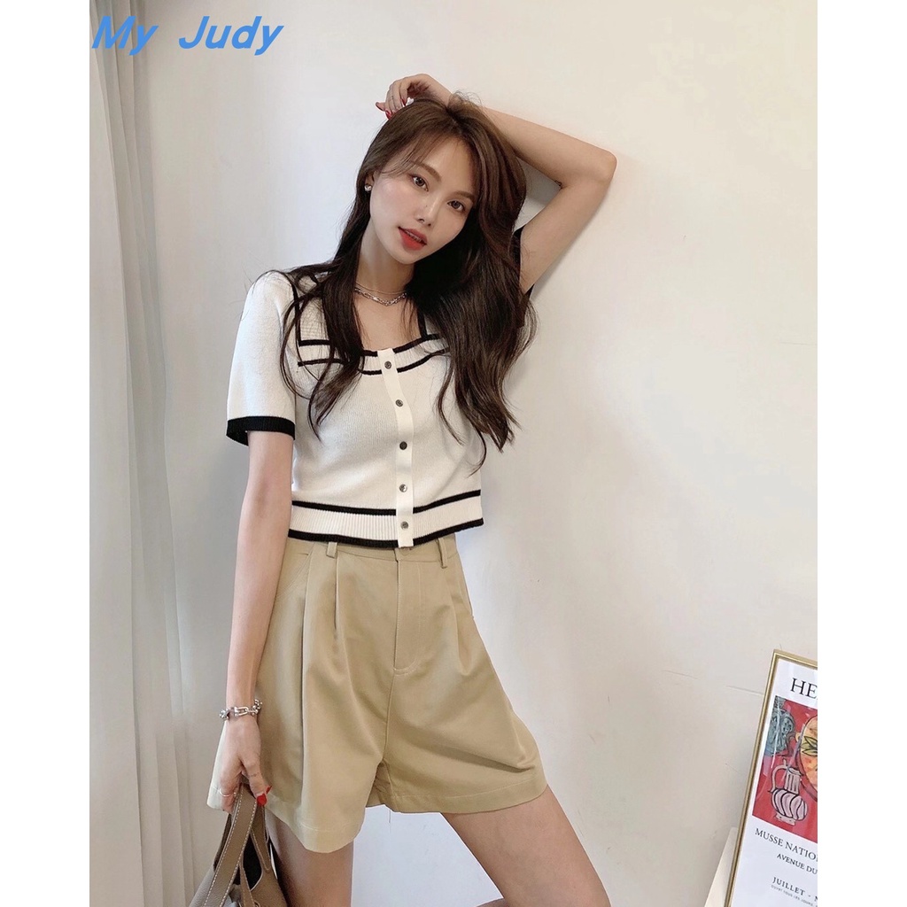 NZN Mới cổ vuông tay ngắn ôm vừa vặn crop top nữ