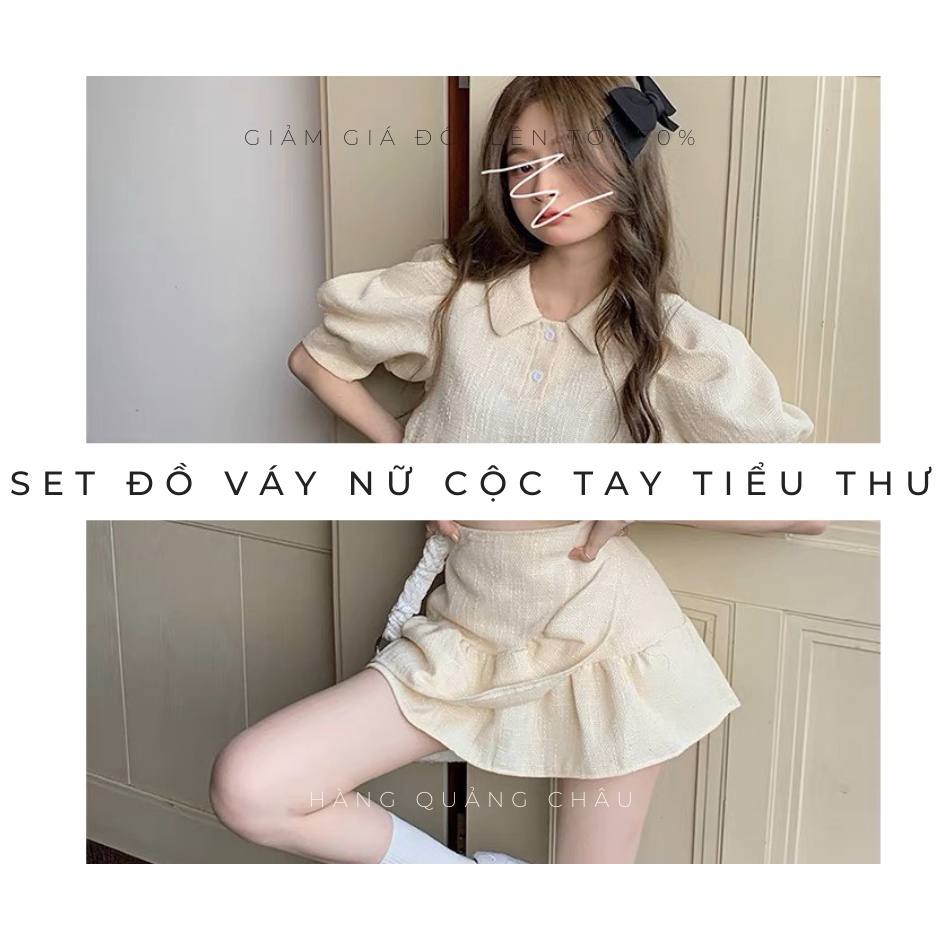 Set đồ váy nữ cộc tay tiểu thư 2 chi tiết áo croptop tay bồng bo chun và chân váy xòe chữ A có lót bảo hộ