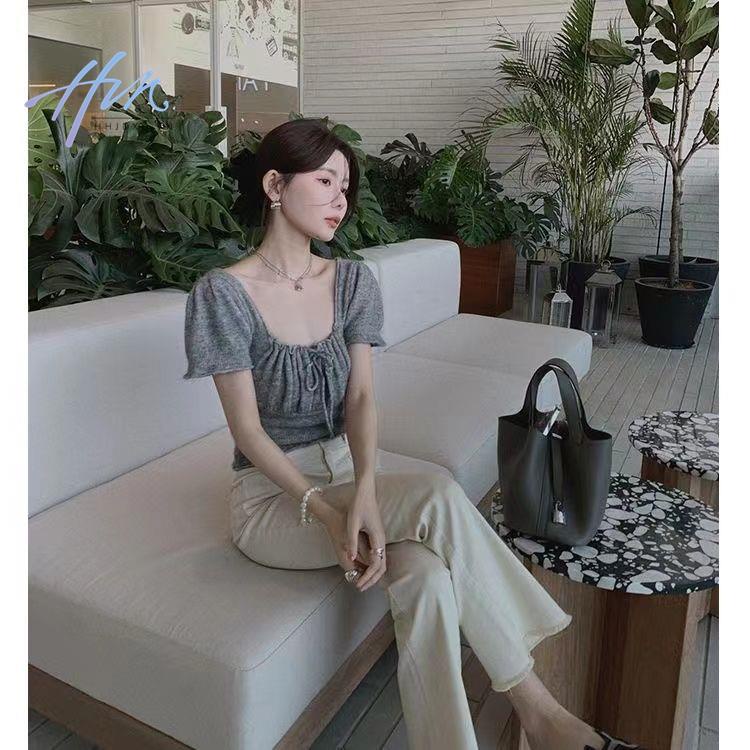 Áo Thun Dệt Kim Ngắn Tay Dáng Ôm Thiết Kế Rút Dây Xếp Ly Kiểu Pháp Thời Trang Cho
