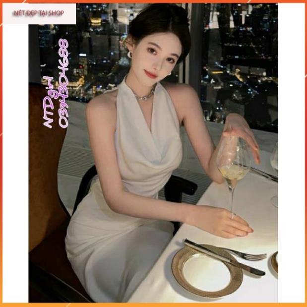 Đầm dáng ôm lụa Ý trắng cổ đổ, váy body dạng yếm dự tiệc sang trọng - DTH
