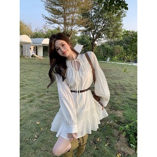 (ORDER) Váy trắng phong cách BOHO kèm đai da lưng thắt eo, phối ren nhún đuôi cá xòe nhẹ nhàng