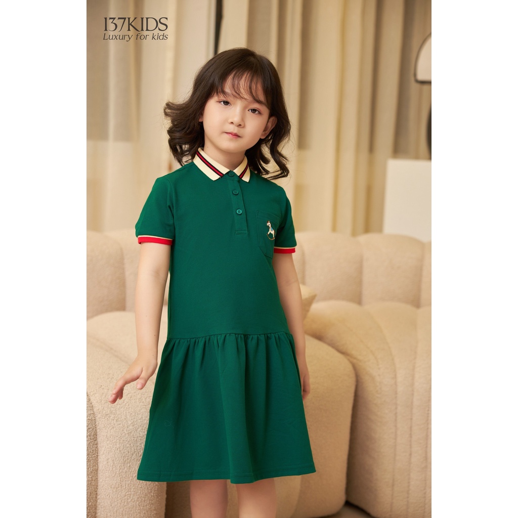 Váy polo cộc tay bé gái 137Kids thiết kế màu xanh thêu hình ngựa xinh xắn