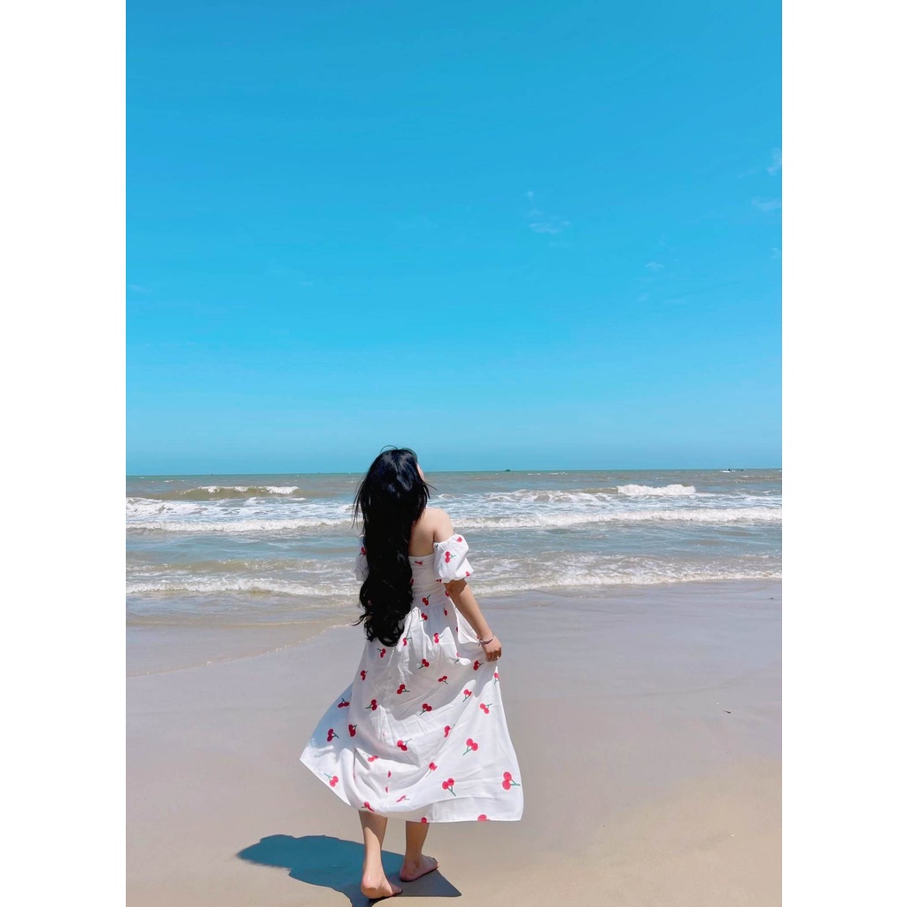 Đầm Maxi Hoa Nhí Trễ Vai Tay Phồng Có Mút, Váy Trễ Vai Hoa Nhí Dáng Dài