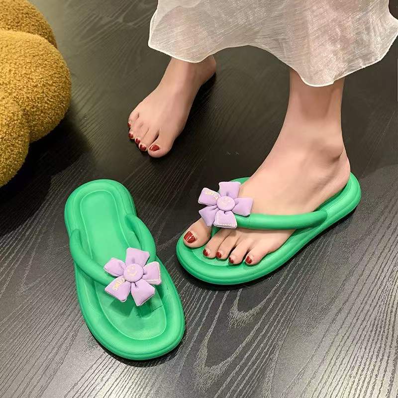 Dép cao su dép lê nữ dép xỏ ngón hoa dễ thương mặc bên ngoài đế dày