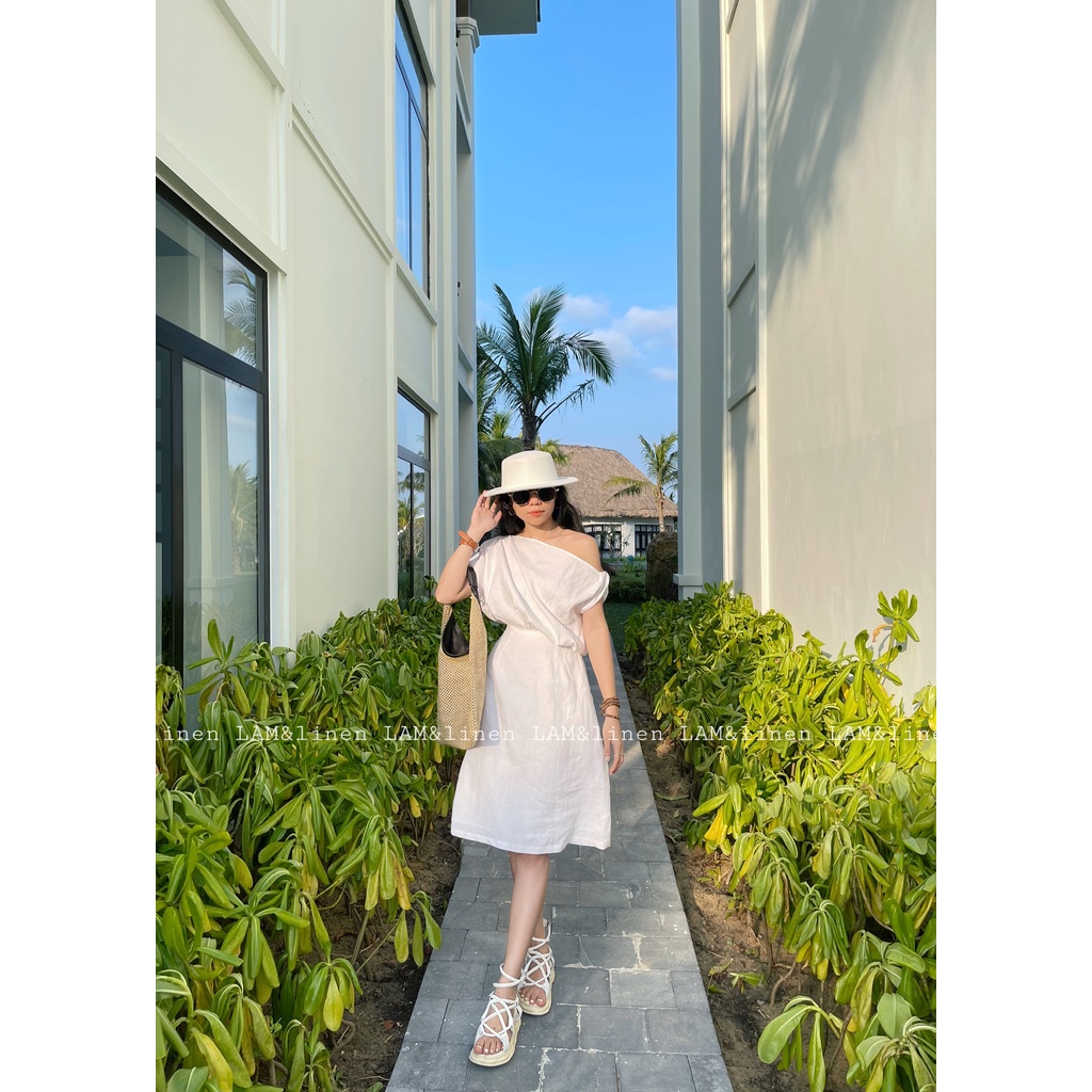 Váy đầm xoè lệch vai phá cách lạ mắt, có lót, chất liệu Linen Premium