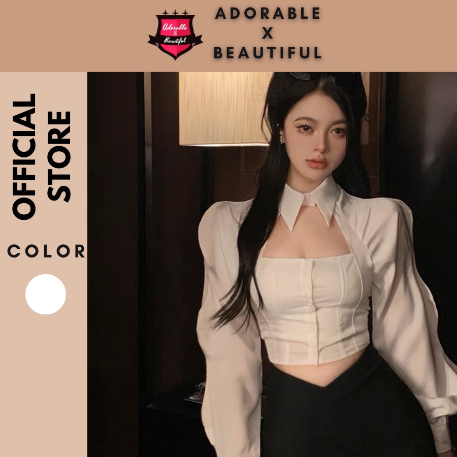 Áo Sơ Mi Form Crop Trắng Tay Dài Cổ Tàu, Áo Sơ Mi Trơn Lững Phong Cách Ulzzang Sexy [AdorablexBeautiful]
