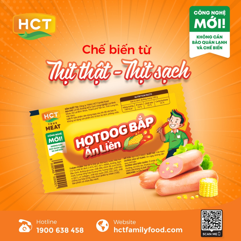 Hộp 20 cây Xúc xích Hotdog bắp ăn liền HCT True Meat 28gx20