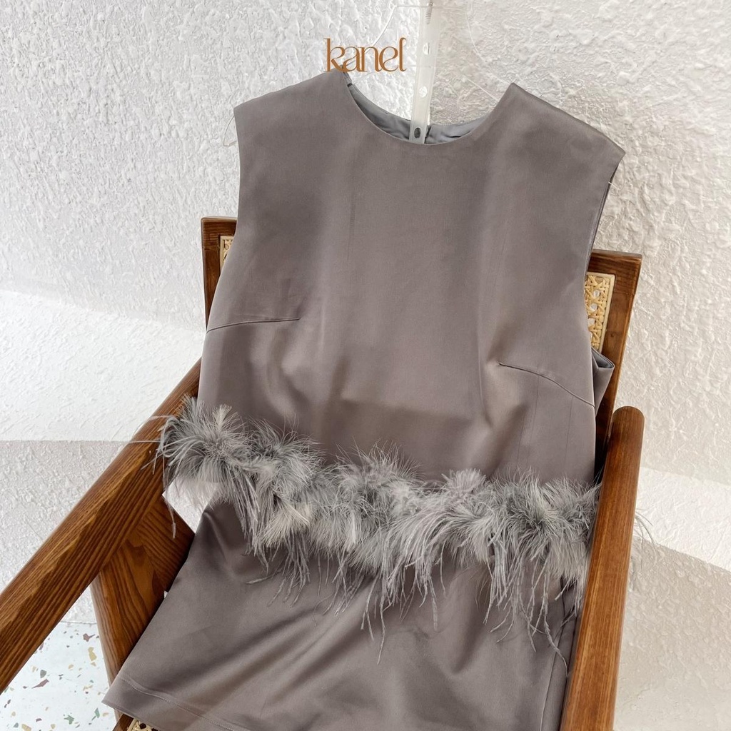 Set váy áo KANEL chân váy chữ A, áo sát nách nữ phối lông chân áo - S1592, áo sơ mi nữ sát nách 3 màu đen trắng ghi