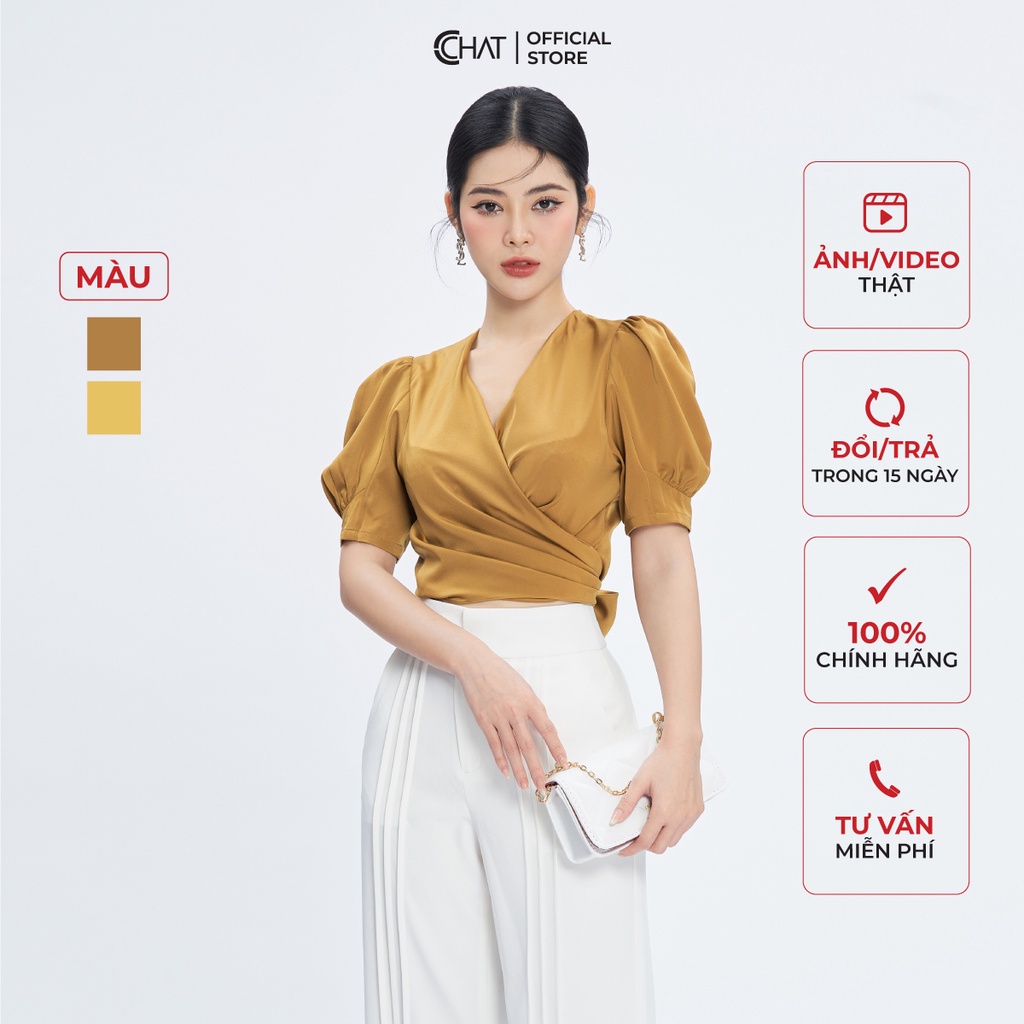 Áo Sơ Mi Nữ 𝐂𝐂𝐇𝐀𝐓 Cổ V Ly Tay Cộc Chất Liệu Lụa Cao Cấp 13ANL2006GT