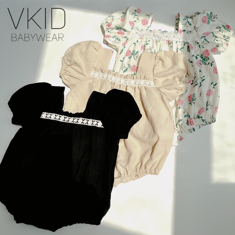 V25 Bodysuit nhún ngực pha ren tay bồng điệu đà cho bé gái size 5-13kg chất thô cara mềm mát