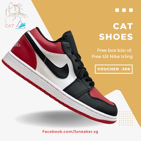Giày Nike Air Jordan 1 Low Bred Toe, JD1 Thấp Đỏ Đen, Phụ Kiện, Tặng Vớ Trắng