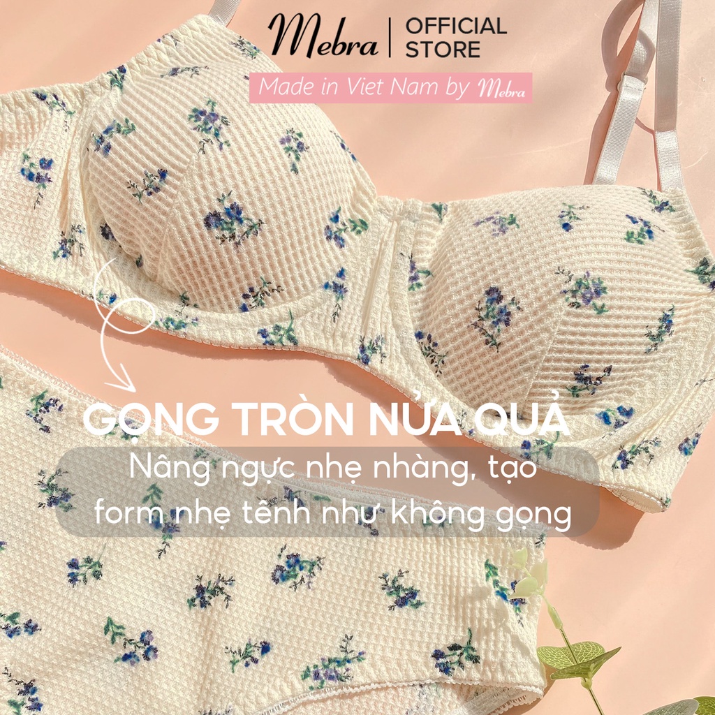 [BST 2023] Bộ Đồ Lót Nữ Có Gọng Quần Lót Tam Giác Cotton Tổ Ong Màu Be Hoa Xanh Mềm Mát Cao Cấp Mebra A067