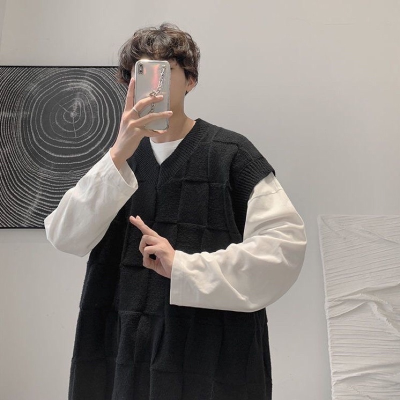 Áo Gile Đan Ô Vuông Nam Nữ Unisex