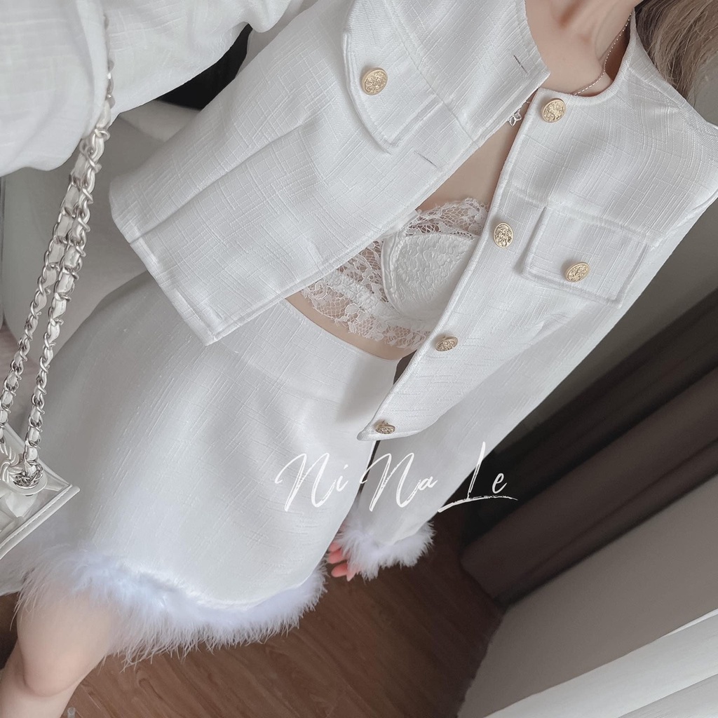 Set bộ 3 món áo khoác dạ croptop kèm bra 2 dây phối chân váy lông vũ Hari_Fashion - Mã SR265