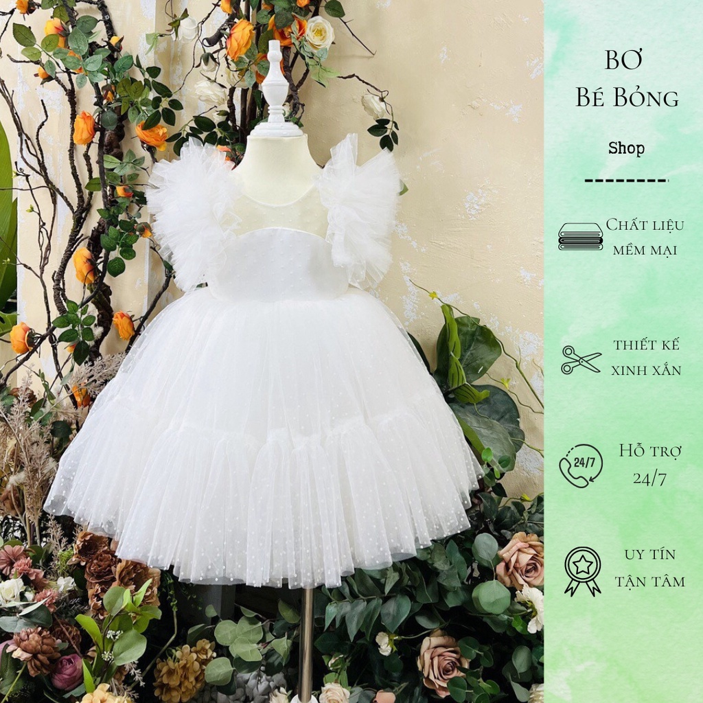 Váy Công Chúa Thiết Kế Cao Cấp Cho Bé, Đầm Bé Gái Màu Trắng, Hồng Nhúm Tầng Bồng Bềnh 8-35kg