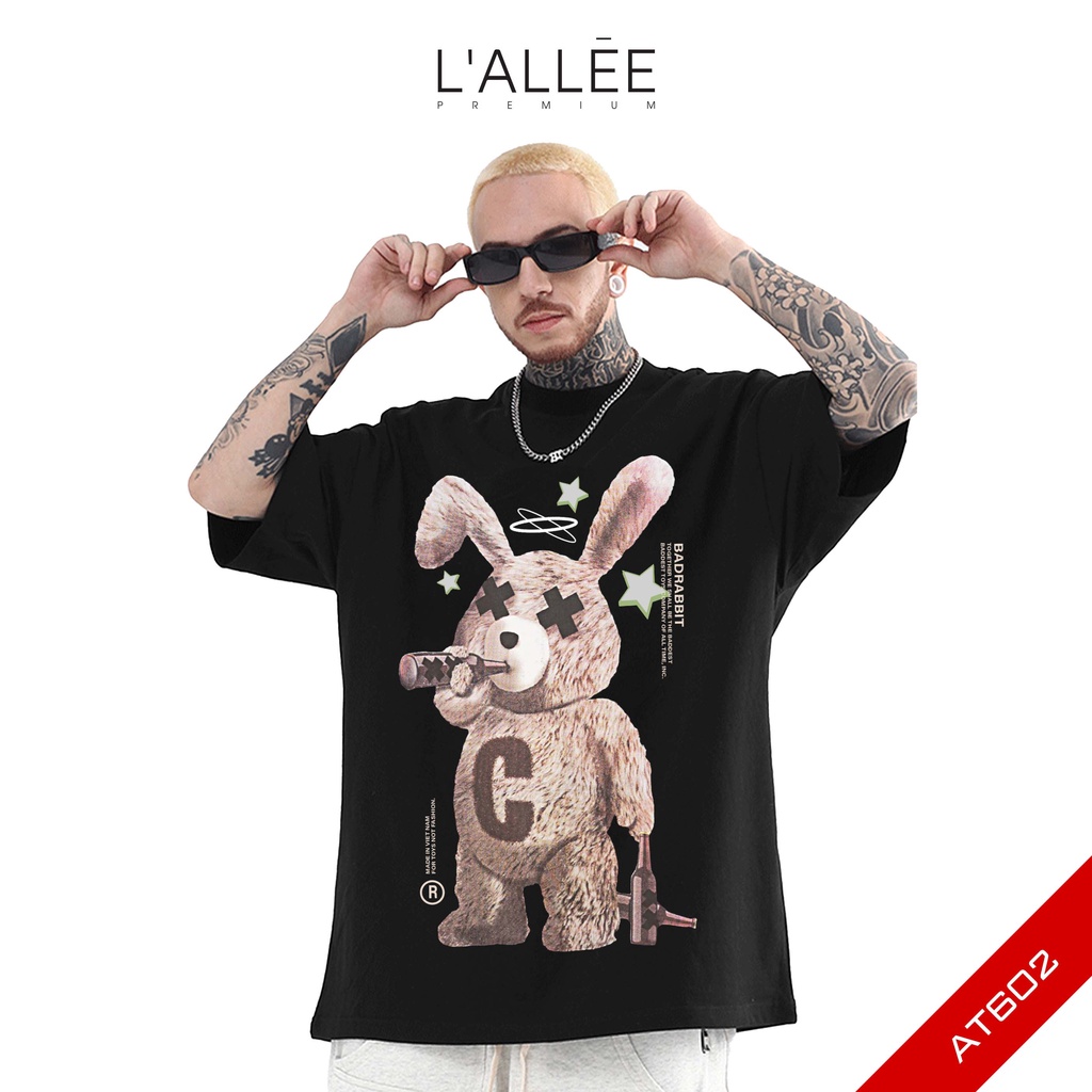 Áo thun Nam unisex LALLEE họa tiết Rabit chất liệu Cotton mềm mại, áo phông tay lỡ dáng đứng, dày dặn, thoáng mát AT602