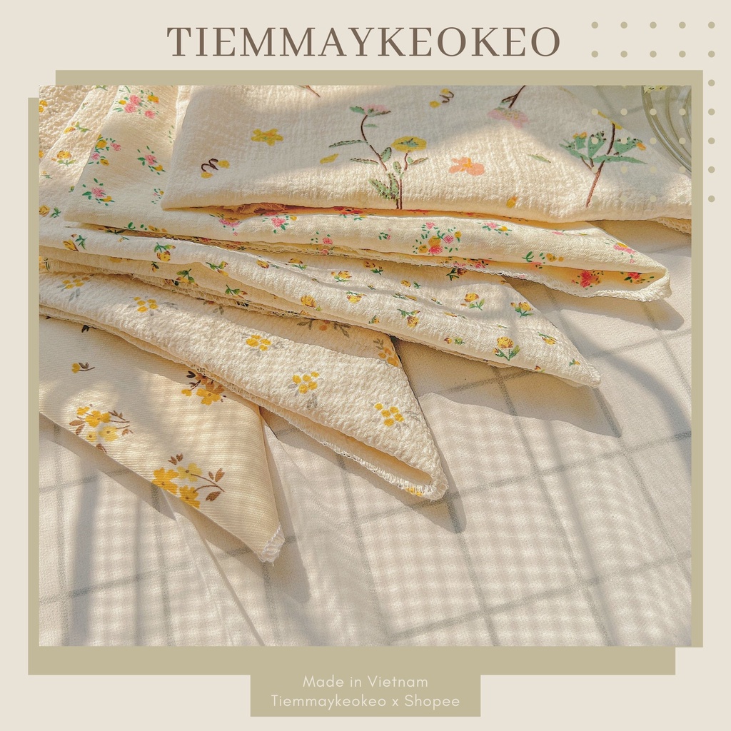 Khăn turban TIEMMAYKEOKEO chất liệu xốp cotton 100% mềm mại, họa tiết hoa nhí vintage 50x50cm cho nữ