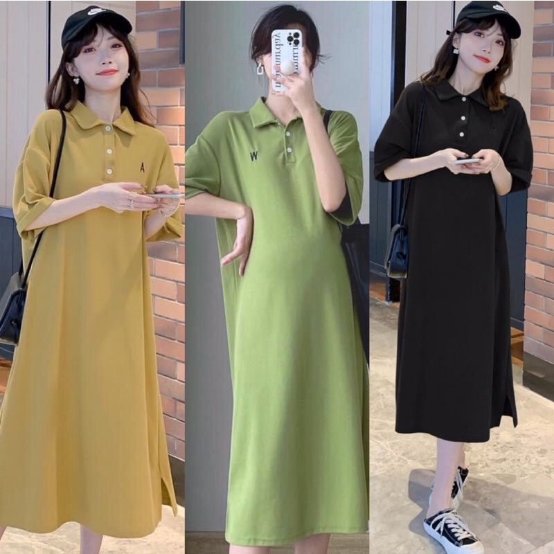 Váy Bầu thiết kế cổ sơ mi dáng suông chất liệu váy cotton 3 màu vàng,xanh,đen