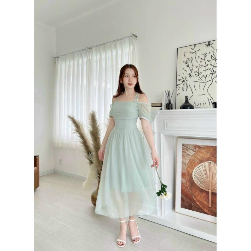 (Fom: <55kg) Đầm Midi Xanh Phối Tay Voan Dây Chéo Cổ Đầm Chữ A JL50 | BigBuy360 - bigbuy360.vn
