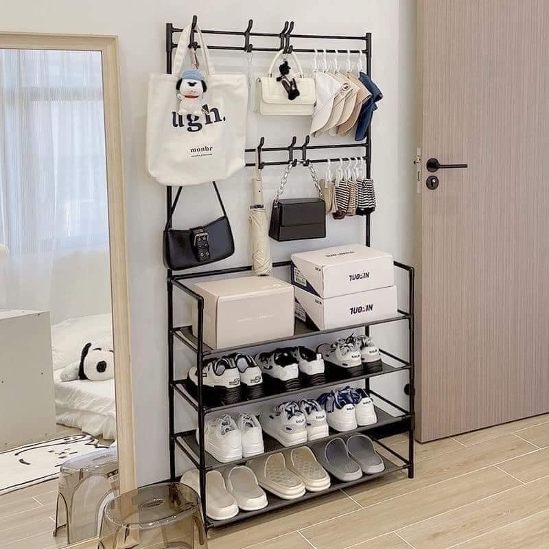 Giá treo quần áo khung kim loại kết hợp kệ để giày 4 tầng cho cả gia đình siêu tiện dụng