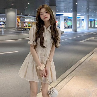 (SẴN SHIP NGAY) Váy xoè chiffon ngắn tay màu trắng phong cách Hàn Quốc xinh xắn