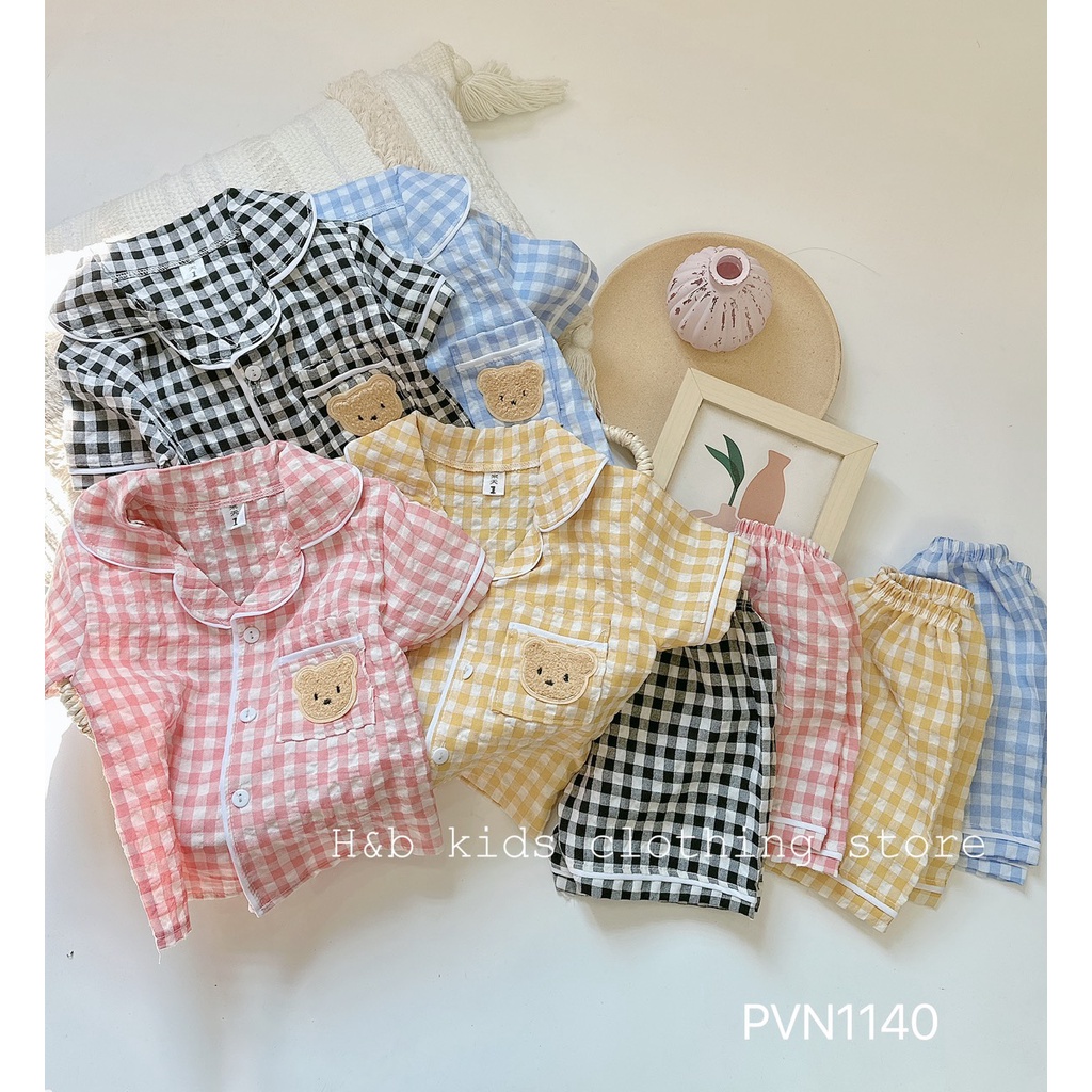 Bộ pijama dài tay gấu nâu kẻ caro cực xinh cho bé trai, bé gái