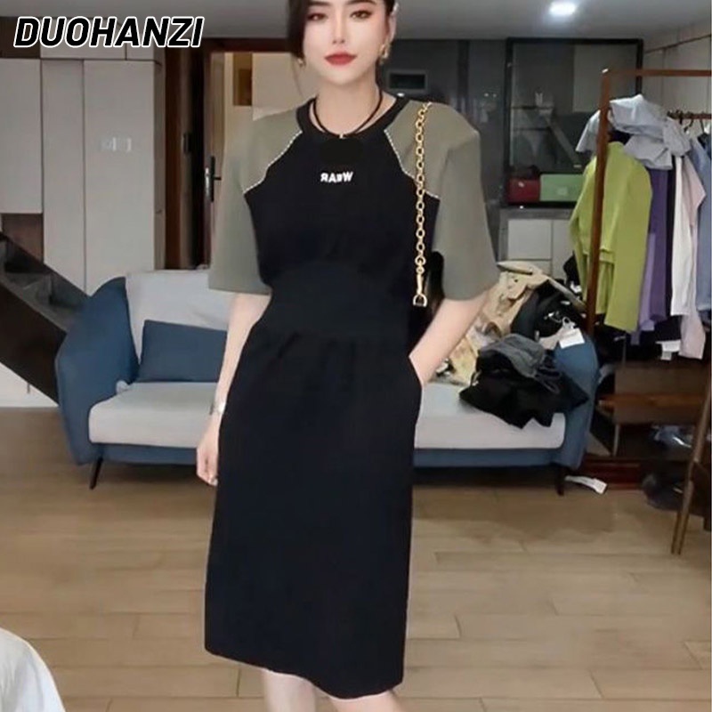 Đầm Midi Tay Ngắn Phối Màu Thời Trang Phong Cách Hàn Quốc Cho Nữ