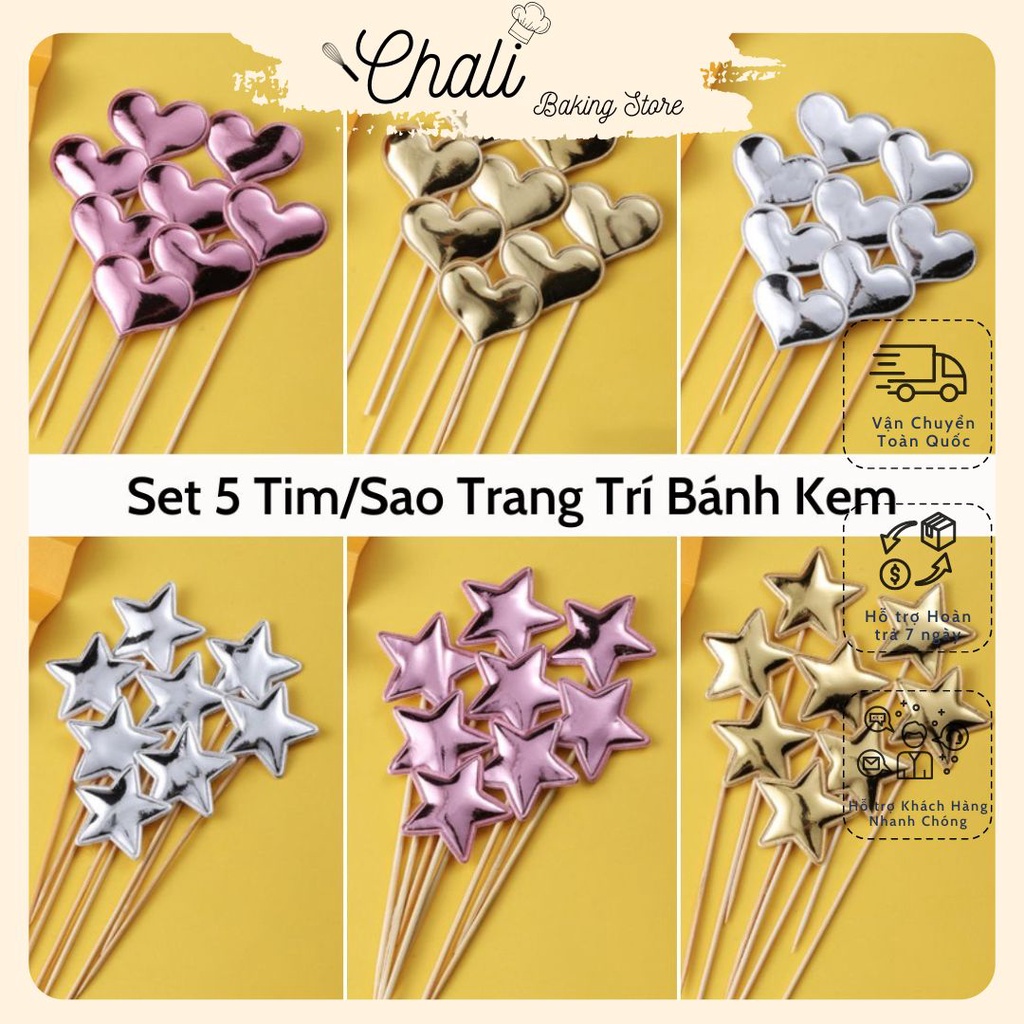 Que cắm Tim-Sao trang trí bánh kem - Phụ Kiện Trang Trí Bánh Kem, bánh sinh nhật